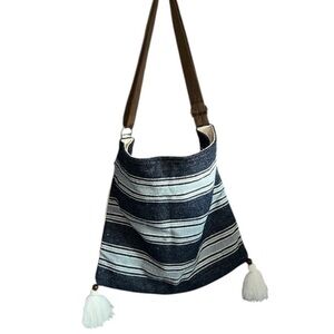 Vestopazzo Boho Cotton Weave Crossbody Denim Blues and Cream Tassel Accents